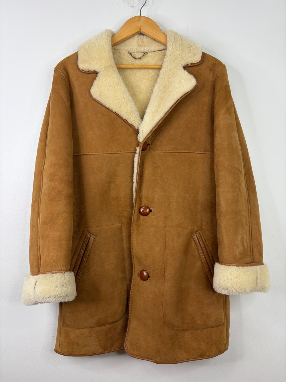 Vintage Sheepskin Coat Mens Small Tan Brown Shearling Suede Made in England